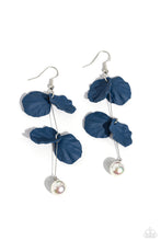 Load image into Gallery viewer, A glossy white pearl delicately links to the bottom of a sleek silver rod. Navy acrylic petals cascade along the silver rod, adding a timeless twist to the classic pearl palette. Earring attaches to a standard fishhook fitting.  Sold as one pair of earrings.
