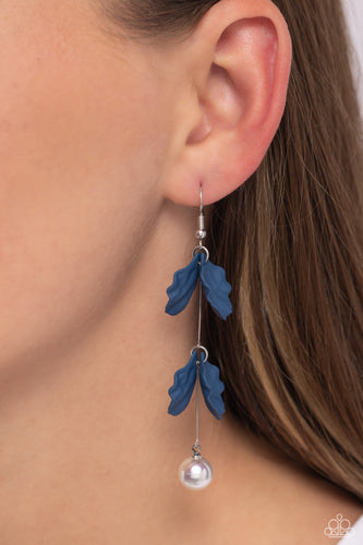 A glossy white pearl delicately links to the bottom of a sleek silver rod. Navy acrylic petals cascade along the silver rod, adding a timeless twist to the classic pearl palette. Earring attaches to a standard fishhook fitting.  Sold as one pair of earrings.