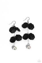 Load image into Gallery viewer, A glossy white pearl delicately links to the bottom of a sleek silver rod. Black acrylic petals cascade along the silver rod, adding a timeless twist to the classic pearl palette. Earring attaches to a standard fishhook fitting. Sold as one pair of earrings.
