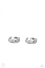 Load image into Gallery viewer, A trio of thin, sleek silver bars arc around the ear to create a trendy, adjustable, one-size-fits-all cuff. A solitaire silver stud dots the center of the layered display for additional eye-catching detail.  Sold as one pair of cuff earrings.
