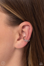 Load image into Gallery viewer, A trio of thin, sleek silver bars arc around the ear to create a trendy, adjustable, one-size-fits-all cuff. A solitaire silver stud dots the center of the layered display for additional eye-catching detail.  Sold as one pair of cuff earrings.
