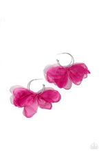 Load image into Gallery viewer, A small, skinny, shiny silver hoop curves around the ear in a timeless fashion. A shiny silver ball is affixed to the end of the hoop, reminiscent of a barbell fitting. A hot pink chiffon bow slides along the curvature of the hoop, creating a graceful pop of color. Earring attaches to a standard post fitting. Hoop measures approximately 1&quot; in diameter.  Sold as one pair of hoop earrings.
