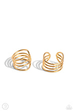 Load image into Gallery viewer, Row after row of dainty, flat gold bars arc across the ear, coalescing into an adjustable, one-size-fits-all stacked cuff that demands attention.  Sold as one pair of cuff earrings.
