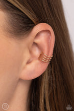 Load image into Gallery viewer, Row after row of dainty, flat gold bars arc across the ear, coalescing into an adjustable, one-size-fits-all stacked cuff that demands attention.  Sold as one pair of cuff earrings.
