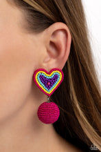 Load image into Gallery viewer, Featuring a hot pink pearl center, a hot pink, yellow, turquoise, and purple seed bead heart frame gives way to strands of hot pink seed beads that decoratively spin around a spherical frame, resulting in a colorful three-dimensional display. Earring attaches to a standard post fitting.  Sold as one pair of post earrings.
