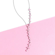 Load image into Gallery viewer, Featuring pronged fittings, a collection of baby pink square-cut, heart, oval, round, and teardrop gems cascade down the neckline in a diagonal pattern, creating an intense, incandescent statement piece. Features an adjustable clasp closure.  Sold as one individual necklace. Includes one pair of matching earrings.
