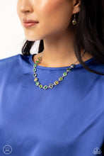 Load image into Gallery viewer, Featuring various shapes and shades of green, a collection of teardrop, round, heart, and square-cut gems in matching silver frames coalesce around the neckline for an abstract display of color and charm. Features an adjustable clasp closure.  Sold as one individual choker necklace. Includes one pair of matching earrings.
