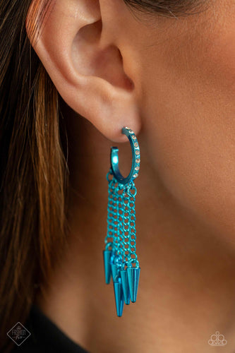 Strands of metallic blue chain are embellished with low-hanging metallic blue spikes from a rhinestone-encrusted metallic blue hoop for a punk-inspired statement. Earring attaches to a standard post fitting. Hoop measures approximately 3/4