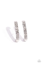 Load image into Gallery viewer, Two rows of glassy white rhinestones are set along the center of a curved silver bar for a refined display of dazzle. Features a sleek surface for sliding ability to desired position on the ear. Due to its structure, adjusting capability is limited.  Sold as one pair of illusion post earrings.
