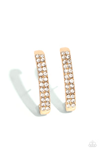 Two rows of glassy white rhinestones are set along the center of a curved gold bar for a refined display of dazzle. Features a sleek surface for sliding ability to desired position on the ear. Due to its structure, adjusting capability is limited.  Sold as one pair of illusion post earrings.