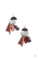 Load image into Gallery viewer, Featuring a variety of textures, patterns, and sheens, dark brown half-moon and hammered abstract frames stack into an exotic-inspired lure. Textured, striped, shell, acrylic, and wooden accents in mainly red hues dangle from the stacked lure for a trendy fringe. Earring attaches to a standard fishhook fitting.  Sold as one pair of earrings.

