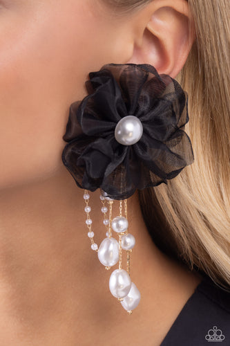 Folds of black netting gather around a glossy white pearl center, creating a spunky blossom. Cascading from the black netted petals, various white pearls in glossy, baroque, and dainty settings are infused along gold cobra chains for a refined finish. Earring attaches to a standard post fitting.  Sold as one pair of post earrings.