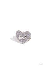 Load image into Gallery viewer, Brushed in a glittery iridescent finish, a gray heart frame rests atop airy silver bands for a retro glamorous look. The word &quot;kind&quot; is centered atop the heart frame for an optimistic finish. Features a stretchy band for a flexible fit.  Sold as one individual ring.
