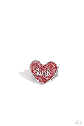 Brushed in a glittery iridescent finish, a red heart frame rests atop airy silver bands for a retro glamorous look. The word 