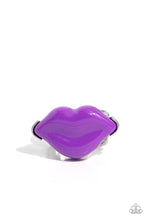 Load image into Gallery viewer, Featured atop airy silver bands, a pair of purple acrylic lips stands out atop the finger for a vibrant, carefree finish. Features a stretchy band for a flexible fit.  Sold as one individual ring.
