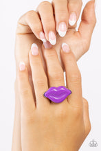 Load image into Gallery viewer, Featured atop airy silver bands, a pair of purple acrylic lips stands out atop the finger for a vibrant, carefree finish. Features a stretchy band for a flexible fit.  Sold as one individual ring.
