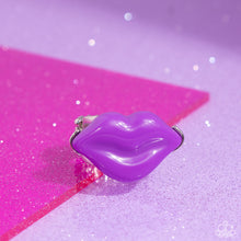 Load image into Gallery viewer, Featured atop airy silver bands, a pair of purple acrylic lips stands out atop the finger for a vibrant, carefree finish. Features a stretchy band for a flexible fit.  Sold as one individual ring.
