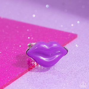 Featured atop airy silver bands, a pair of purple acrylic lips stands out atop the finger for a vibrant, carefree finish. Features a stretchy band for a flexible fit.  Sold as one individual ring.
