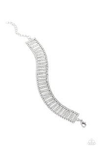 Separated by white rhinestones, rhinestone-covered silver bars and thin sleek silver bars alternate around the wrist for a glitzy display. Features an adjustable clasp closure.  Sold as one individual bracelet.