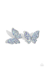 Load image into Gallery viewer, Featuring a tilted motif, a silver butterfly encrusted with an explosion of blue iridescent rhinestones sparkles at the ear for an enchanting fashion. Earring attaches to a standard post fitting. Due to its prismatic palette, color may vary.  Featured inside The Preview at Made for More! Sold as one pair of post earrings.
