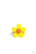 Load image into Gallery viewer, Featuring an orange center, yellow-painted petals bloom atop airy yellow bands, coalescing into a colorful floral centerpiece. Features a stretchy band for a flexible fit.   Featured inside The Preview at Made for More! Sold as one individual ring.
