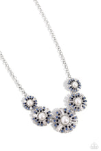 Load image into Gallery viewer, Sleek metal bars flare out from a mesmerizing pearl center, creating a blue and white stacked rhinestone-encrusted fringe of fanning frames. A trio of emerald-cut white gem bars are sprinkled across each dazzling display for a sassy finish. Features an adjustable clasp closure. Includes one pair of matching earrings. 
