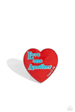 Load image into Gallery viewer, Stamped atop an oversized, red-painted heart, the phrase &quot;Love one Another&quot; is featured in a blue hue. The scripture reference, &quot;John 13:34,&quot; curves up one side of the red heart frame in silver letters atop airy silver bands for a religious-inspired centerpiece. Features a stretchy band for a flexible fit.  Sold as one individual ring.
