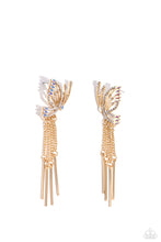 Load image into Gallery viewer, Featuring dainty white rhinestones and dainty marquise-cut iridescent gems, a thin, elongated, airy gold butterfly is titled to the side as if about to take off in flight. A collection of dainty gold rods swings from dainty gold chain tassels at the bottom of the whimsical frame for some free-falling movement. Earring attaches to a standard post fitting. Due to its prismatic palette, color may vary.  Sold as one pair of post earrings. 
