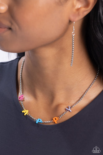 Infused along a silver popcorn chain, multicolored-painted letters spell out the phrase 