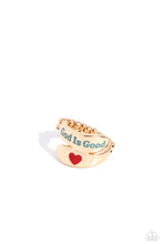 Load image into Gallery viewer, Featuring the phrase &quot;God is Good&quot; in a turquoise font and a red-painted heart, two sleek gold bands delicately overlap across the finger for a religious-inspired look. Features a dainty stretchy band for a flexible fit.  Sold as one individual ring.
