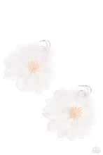 Load image into Gallery viewer, A duo of asymmetrical silver hoops link as they tumble from the ear, coalescing into an abstract lure. Attached to the bottom of the elongated display, oversized white chiffon petals bloom around opalescent-tinted beads, creating a fantastical floral frenzy. Earring attaches to a standard post fitting. Hoop measures approximately 1&quot; in diameter. Due to its prismatic palette, color may vary.  Sold as one pair of hoop earrings.
