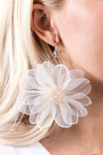 Load image into Gallery viewer, A duo of asymmetrical silver hoops link as they tumble from the ear, coalescing into an abstract lure. Attached to the bottom of the elongated display, oversized white chiffon petals bloom around opalescent-tinted beads, creating a fantastical floral frenzy. Earring attaches to a standard post fitting. Hoop measures approximately 1&quot; in diameter. Due to its prismatic palette, color may vary.  Sold as one pair of hoop earrings.
