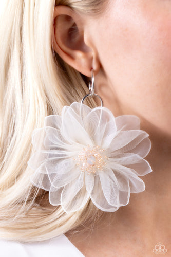 A duo of asymmetrical silver hoops link as they tumble from the ear, coalescing into an abstract lure. Attached to the bottom of the elongated display, oversized white chiffon petals bloom around opalescent-tinted beads, creating a fantastical floral frenzy. Earring attaches to a standard post fitting. Hoop measures approximately 1