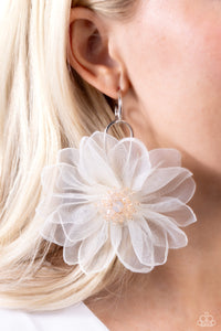 A duo of asymmetrical silver hoops link as they tumble from the ear, coalescing into an abstract lure. Attached to the bottom of the elongated display, oversized white chiffon petals bloom around opalescent-tinted beads, creating a fantastical floral frenzy. Earring attaches to a standard post fitting. Hoop measures approximately 1" in diameter. Due to its prismatic palette, color may vary.  Sold as one pair of hoop earrings.