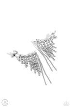 Load image into Gallery viewer, A tapered fringe of dainty silver popcorn chains and glittery strands of white rhinestones in square fittings cascades from the edge of a white emerald-cut, gem-encrusted curved frame, creating an edgy centerpiece. Earring attaches to a standard post earring. Features a clip-on fitting at the top for a secure fit.  Sold as one pair of ear crawlers.
