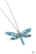 Load image into Gallery viewer, Featuring a classic silver chain, various cuts of turquoise stone are passed into an oversized, airy silver dragonfly pendant for a rustically earthy centerpiece. Features an adjustable clasp closure. As the stone elements in this piece are natural, some color variation is normal.  Sold as one individual necklace. Includes one pair of matching earrings.
