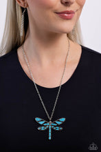 Load image into Gallery viewer, Featuring a classic silver chain, various cuts of turquoise stone are passed into an oversized, airy silver dragonfly pendant for a rustically earthy centerpiece. Features an adjustable clasp closure. As the stone elements in this piece are natural, some color variation is normal.  Sold as one individual necklace. Includes one pair of matching earrings.
