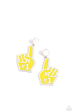 Load image into Gallery viewer, Featuring white-painted details and a &quot;#1&quot;, a High Visibility, foam-inspired fan pointer-finger hand attaches to the bottom of a white-painted post, creating a sporty lure. Earring attaches to a standard post fitting.  Sold as one pair of post earrings.
