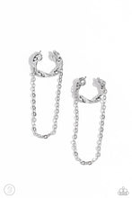 Load image into Gallery viewer, A glistening silver bar delicately twists into a dainty hoop while a solitaire shimmery silver chain cascades below it, creating an adjustable refined, one-size-fits-all display.  Sold as one pair of cuff earrings.
