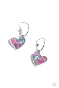 A small, skinny, silver hoop curves around the ear in a timeless fashion with a silver ball affixed to the end of the hoop, reminiscent of a barbell fitting. A silver heart frame, encased with haphazardly patterned pink and turquoise flecks of shell, collides into a kaleidoscope of color for a colorful, shimmery statement. Earring attaches to a standard post fitting. Hoop measures approximately 1/2" in diameter. Sold as one pair of hoop earrings. 