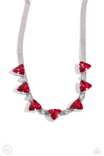 Load image into Gallery viewer, Suspended from two silver fittings, a shimmery cascade of dainty silver chains layer around the collar for an industrial statement. Infused amongst the industrial strands, a collection of pronged white gems alternate with pronged red triangular gems for a touch of gritty color. Features an adjustable clasp closure.  Sold as one individual choker necklace. Includes one pair of matching earrings.
