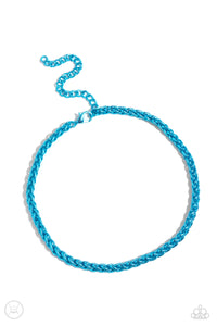 Painted in a metallic blue hue, a thick chain cascades around the collar for an industrial pop of color. Features an adjustable clasp closure.  Sold as one individual choker necklace. Includes one pair of matching earrings.