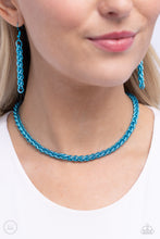 Load image into Gallery viewer, Painted in a metallic blue hue, a thick chain cascades around the collar for an industrial pop of color. Features an adjustable clasp closure.  Sold as one individual choker necklace. Includes one pair of matching earrings.
