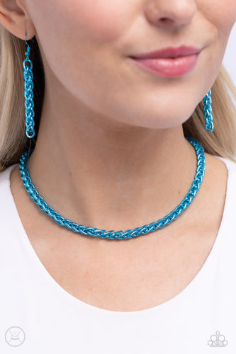 Painted in a metallic blue hue, a thick chain cascades around the collar for an industrial pop of color. Features an adjustable clasp closure.  Sold as one individual choker necklace. Includes one pair of matching earrings.