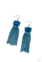 Load image into Gallery viewer, Strands of classic electric blue chains swing from the bottom of a faceted, emerald-cut blue gem frame for an edgy finish. Earring attaches to a standard fishhook fitting. Sold as one pair of earrings.

