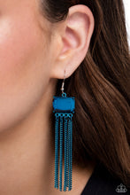 Load image into Gallery viewer, Strands of classic electric blue chains swing from the bottom of a faceted, emerald-cut blue gem frame for an edgy finish. Earring attaches to a standard fishhook fitting. Sold as one pair of earrings.
