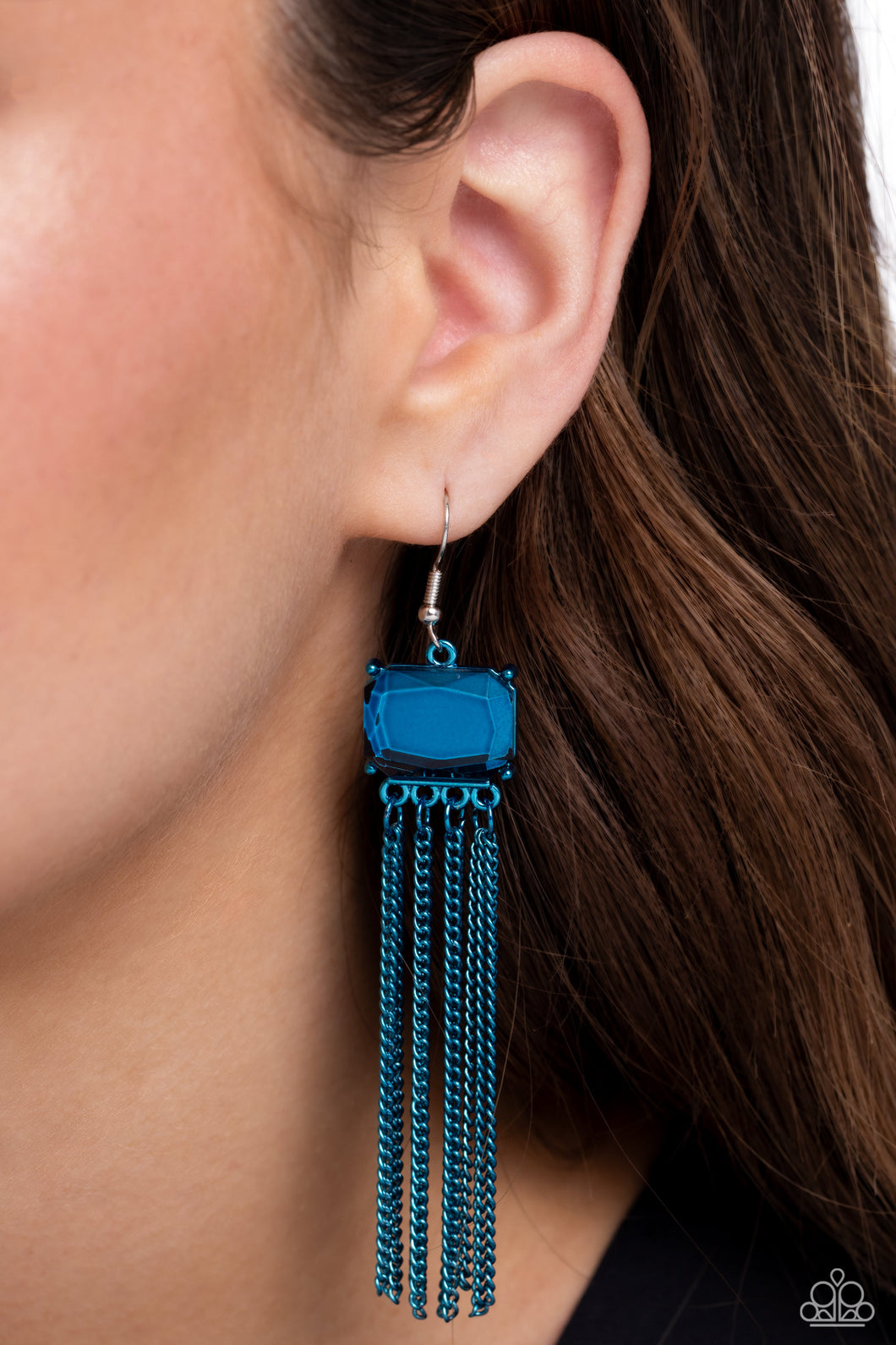 Strands of classic electric blue chains swing from the bottom of a faceted, emerald-cut blue gem frame for an edgy finish. Earring attaches to a standard fishhook fitting. Sold as one pair of earrings.