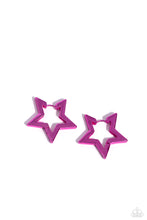 Load image into Gallery viewer, Dipped in an electric pink shade, a three-dimensional star-shaped hoop hinges around the ear resulting in a stellar statement. Earring attaches to a standard hinge closure fitting. Hoop measures approximately 1 1/4&quot; in diameter. Sold as one pair of hoop earrings.
