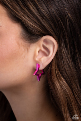 Dipped in an electric pink shade, a three-dimensional star-shaped hoop hinges around the ear resulting in a stellar statement. Earring attaches to a standard hinge closure fitting. Hoop measures approximately 1 1/4
