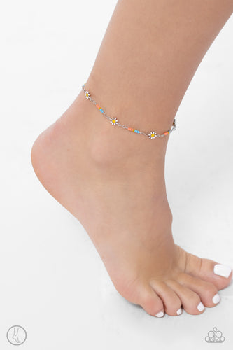 Infused along a classic silver chain, turquoise, coral, and glassy yellow seed beads alternate with white daisy charms around the ankle for an optimistic display. Features an adjustable clasp closure. Sold as one individual anklet.